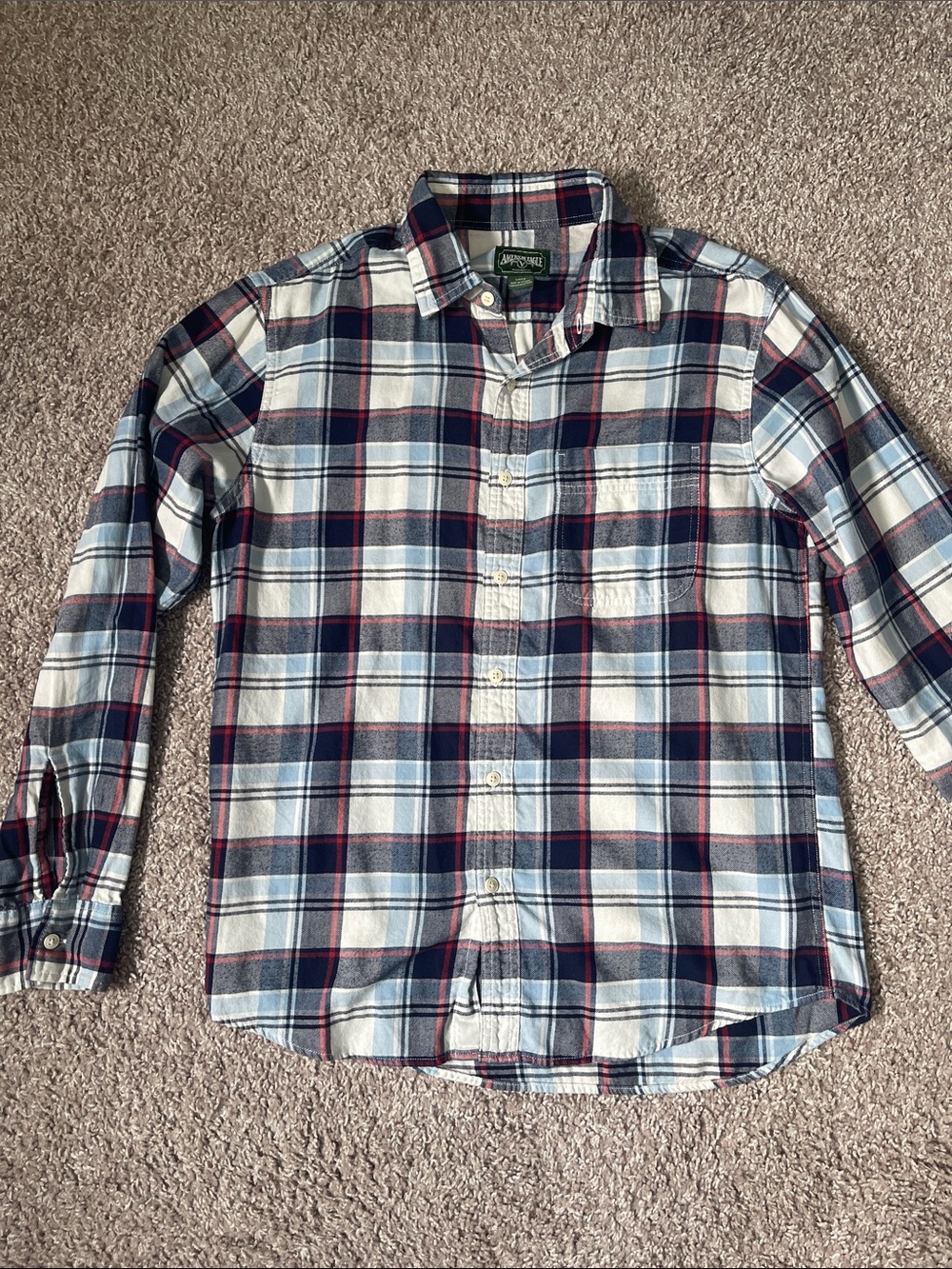 Men's American Eagle White and Blue Plaid Button-Down Shirt with Red Accents